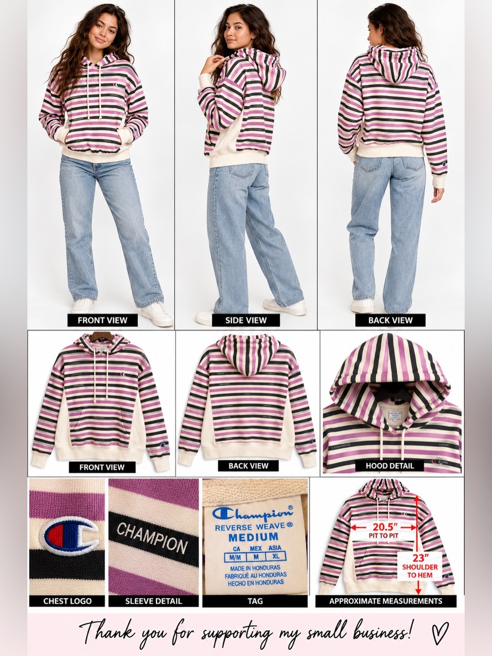 Champion Reverse Weave Striped Pullover Hoodie Purple Black Cream Medium NWOT